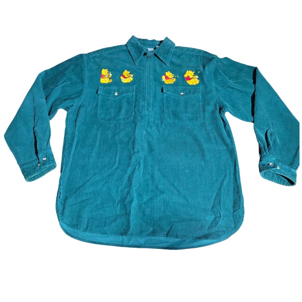 Vintage Disney Store Winnie the Pooh Corduroy Quarter Zip Shirt Green Medium